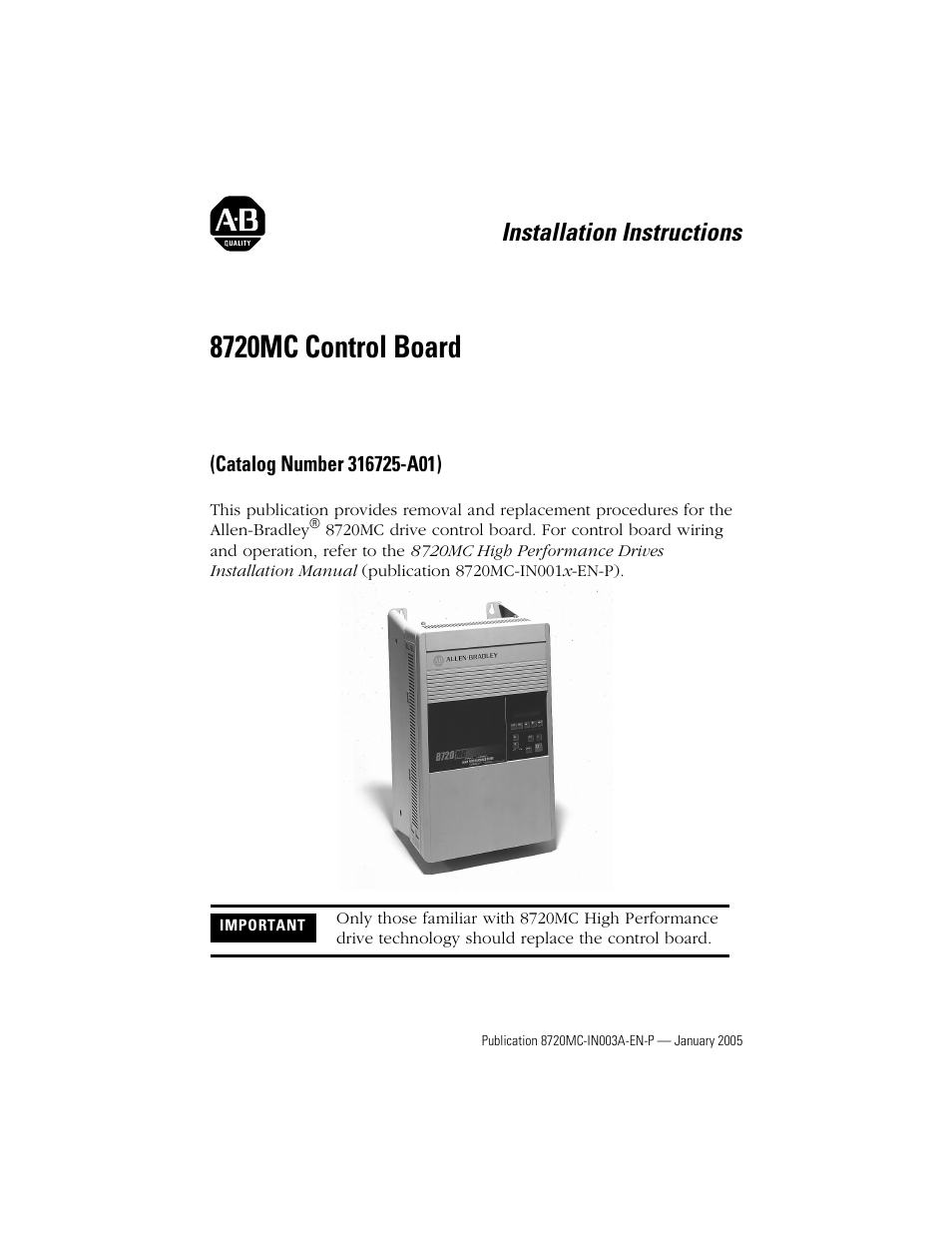 Rockwell Automation 8720MC Control Board Installation Instructions User Manual | 8 pages