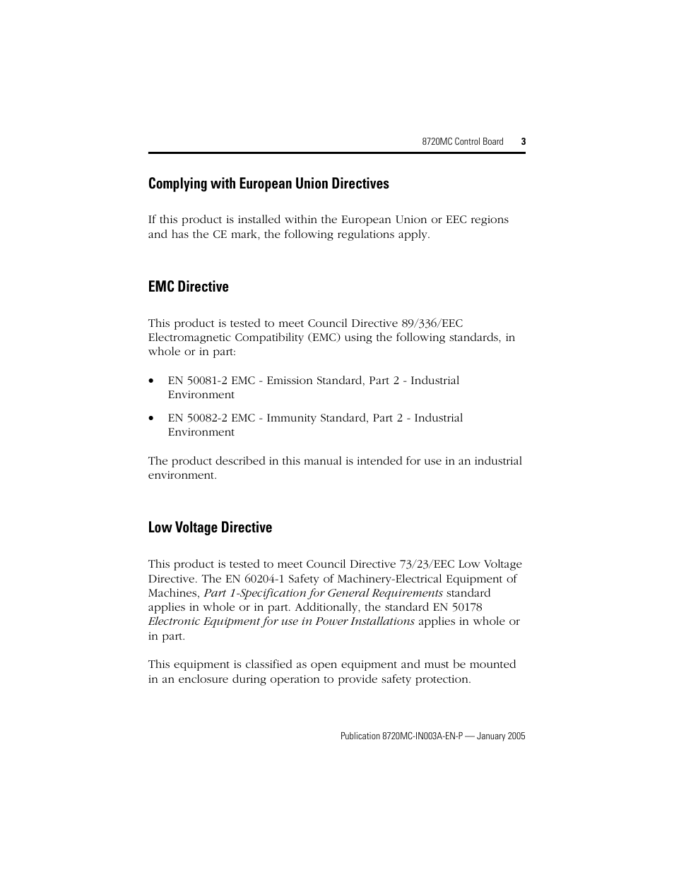 Complying with european union directives, Emc directive, Low voltage directive | Rockwell Automation 8720MC Control Board Installation Instructions User Manual | Page 3 / 8