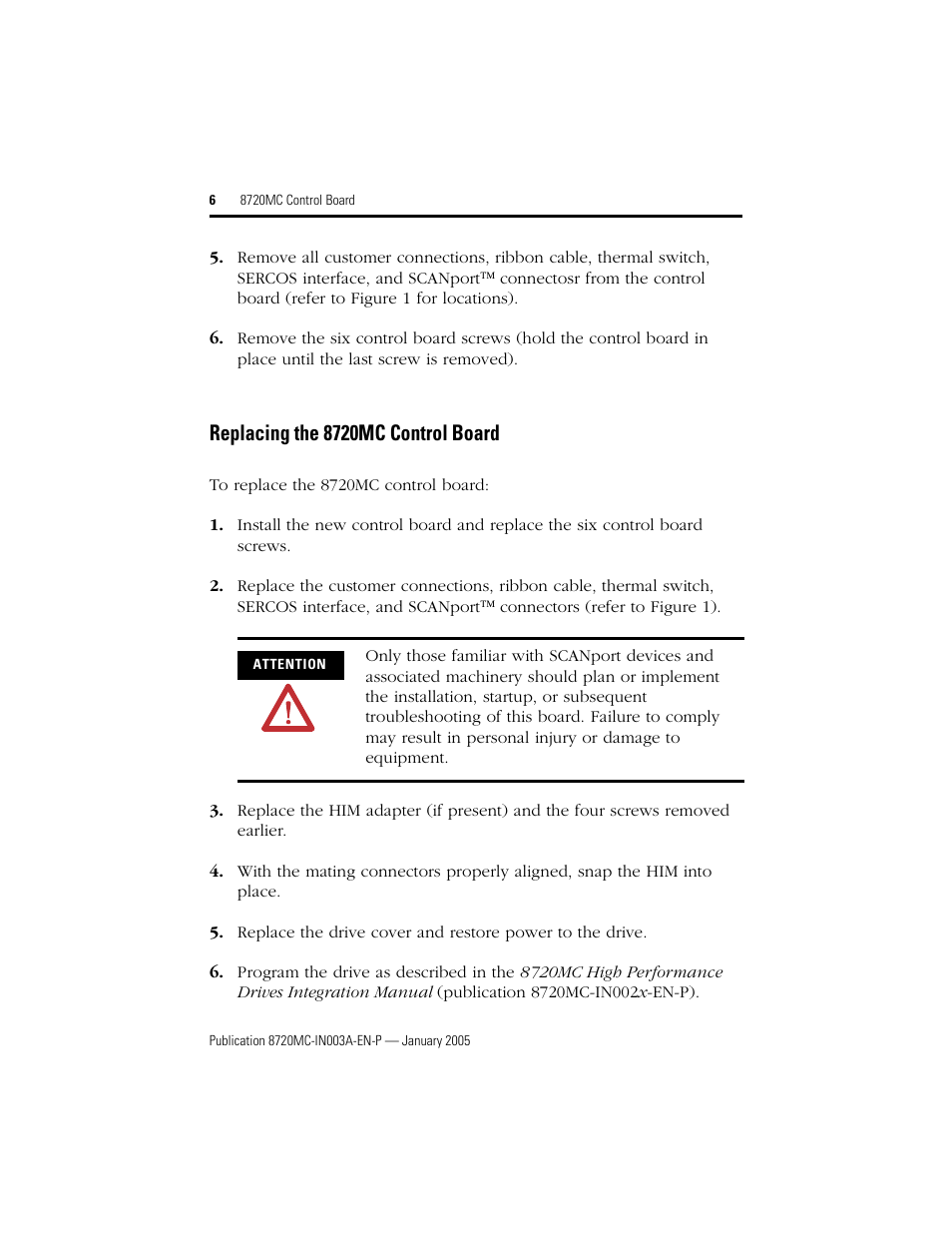 Replacing the 8720mc control board | Rockwell Automation 8720MC Control Board Installation Instructions User Manual | Page 6 / 8