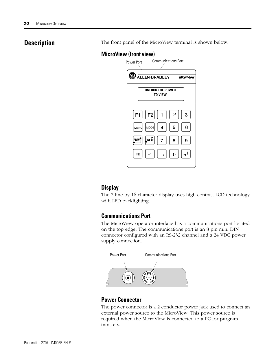 Description, Description -2, Microview (front view) display | Communications port, Power connector | Rockwell Automation 2707-MVH232_MVP232 MicroView Operator Interface Module User Manual | Page 10 / 92