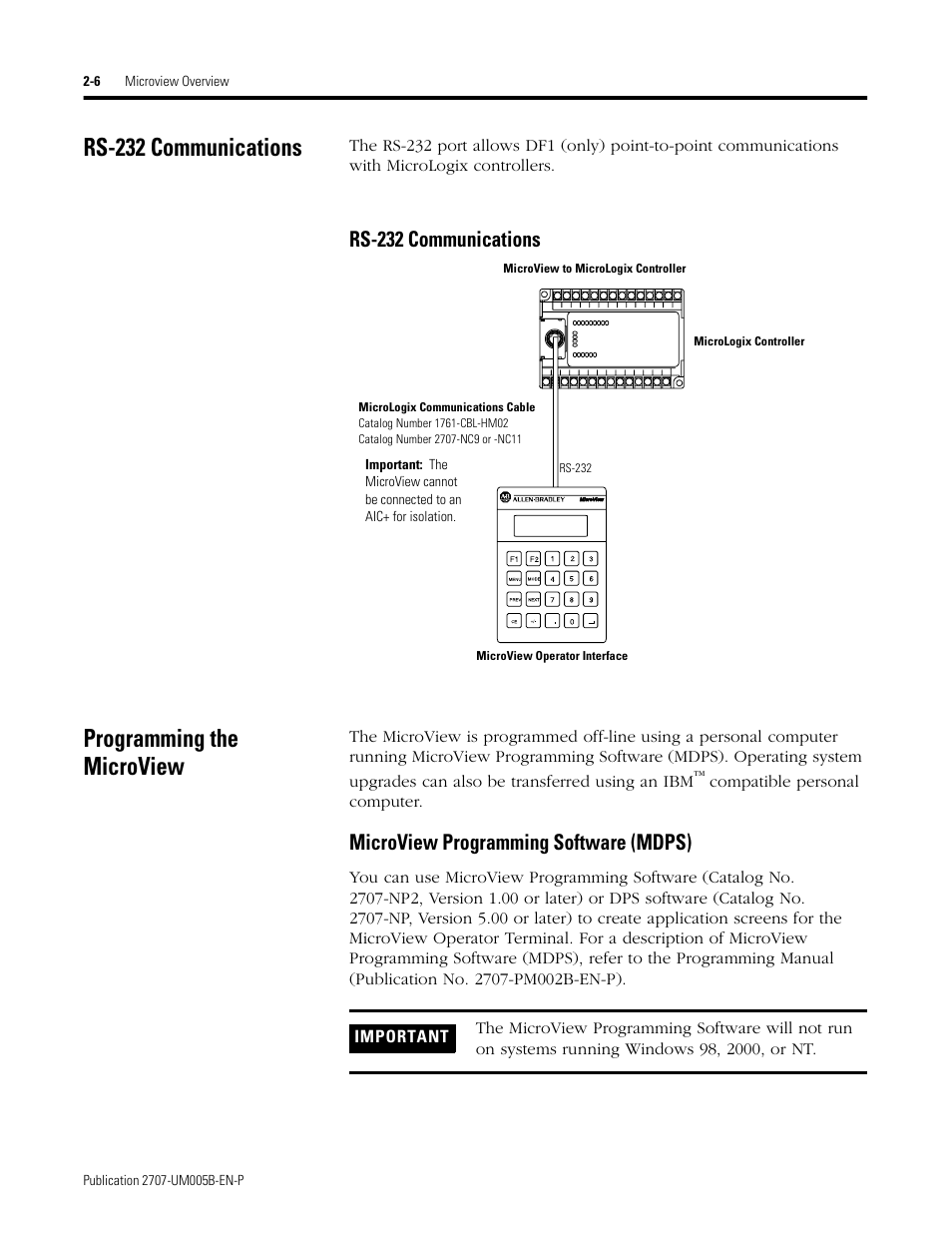 Rs-232 communications, Programming the microview, Microview programming software (mdps) -6 | Microview programming software (mdps) | Rockwell Automation 2707-MVH232_MVP232 MicroView Operator Interface Module User Manual | Page 14 / 92