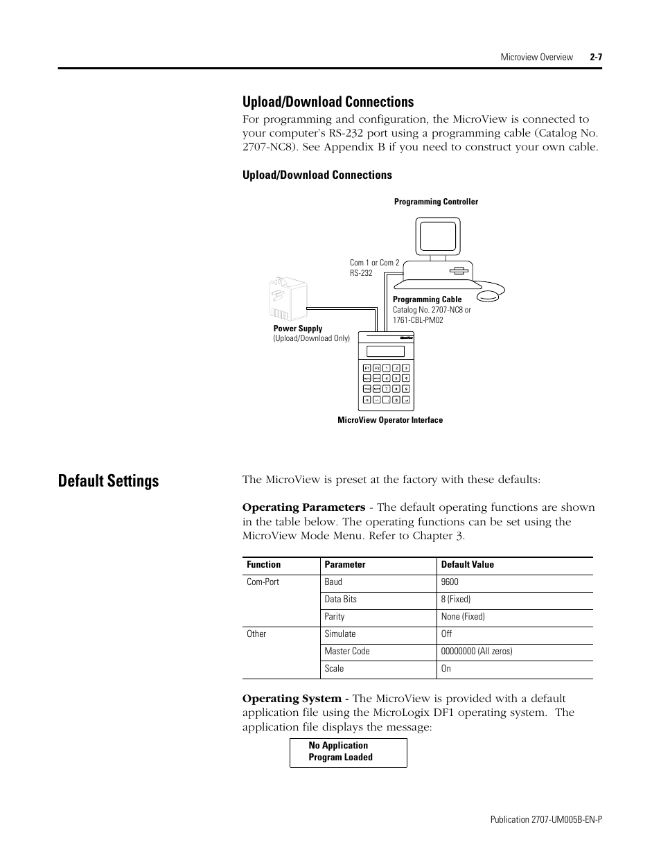 Default settings, Upload/download connections -7, Default settings -7 | Upload/download connections | Rockwell Automation 2707-MVH232_MVP232 MicroView Operator Interface Module User Manual | Page 15 / 92