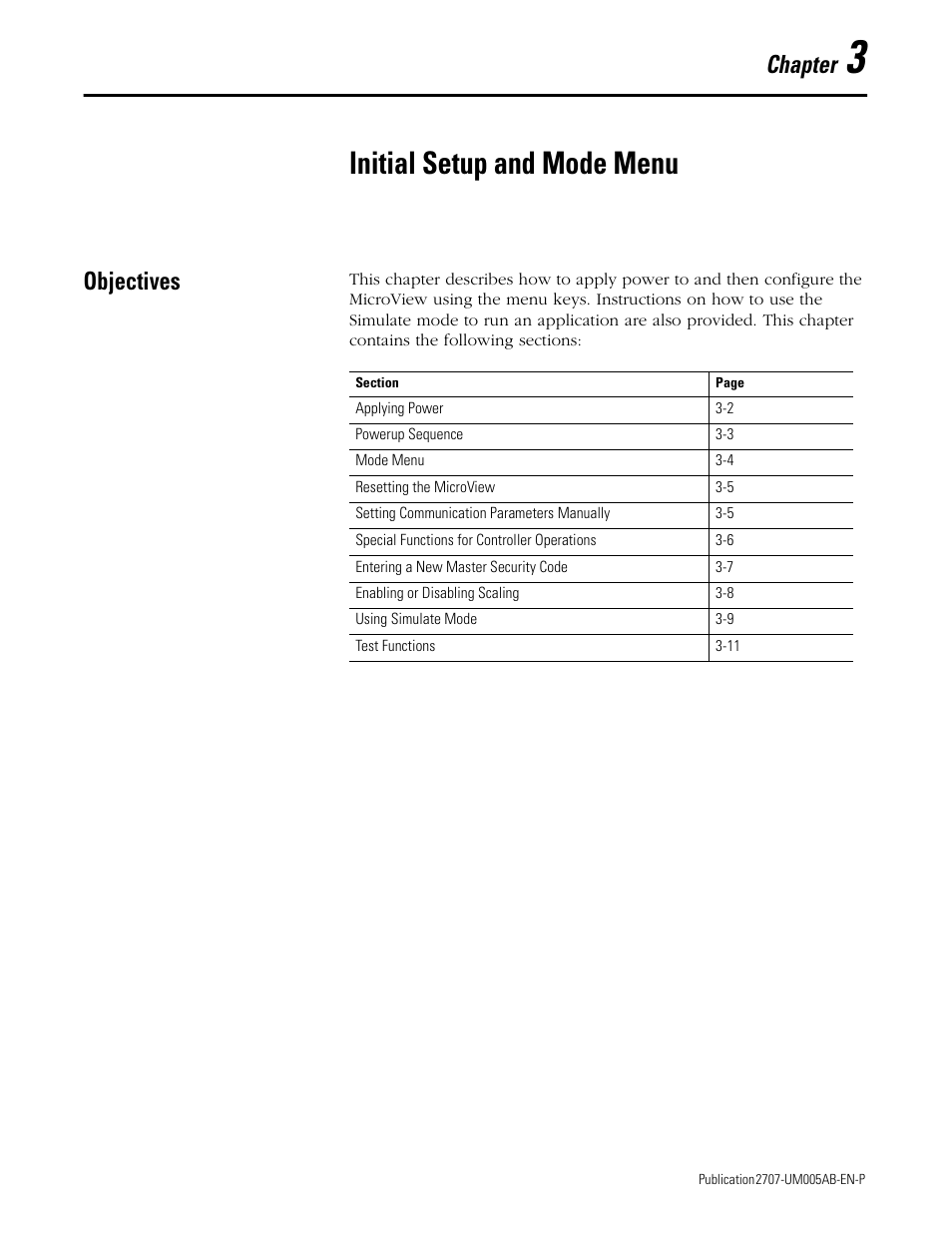3 - initial setup and mode menu, Objectives, Chapter 3 | Initial setup and mode menu, Objectives -1, Chapter | Rockwell Automation 2707-MVH232_MVP232 MicroView Operator Interface Module User Manual | Page 17 / 92
