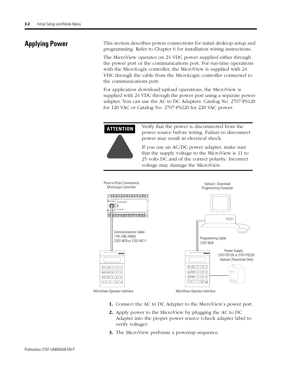 Applying power, Applying power -2 | Rockwell Automation 2707-MVH232_MVP232 MicroView Operator Interface Module User Manual | Page 18 / 92