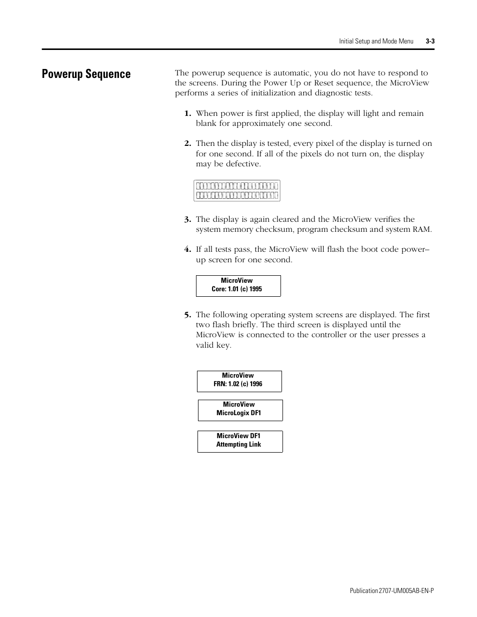 Powerup sequence, Powerup sequence -3 | Rockwell Automation 2707-MVH232_MVP232 MicroView Operator Interface Module User Manual | Page 19 / 92