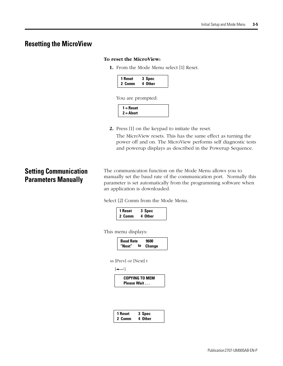 Resetting the microview, Setting communication parameters manually | Rockwell Automation 2707-MVH232_MVP232 MicroView Operator Interface Module User Manual | Page 21 / 92