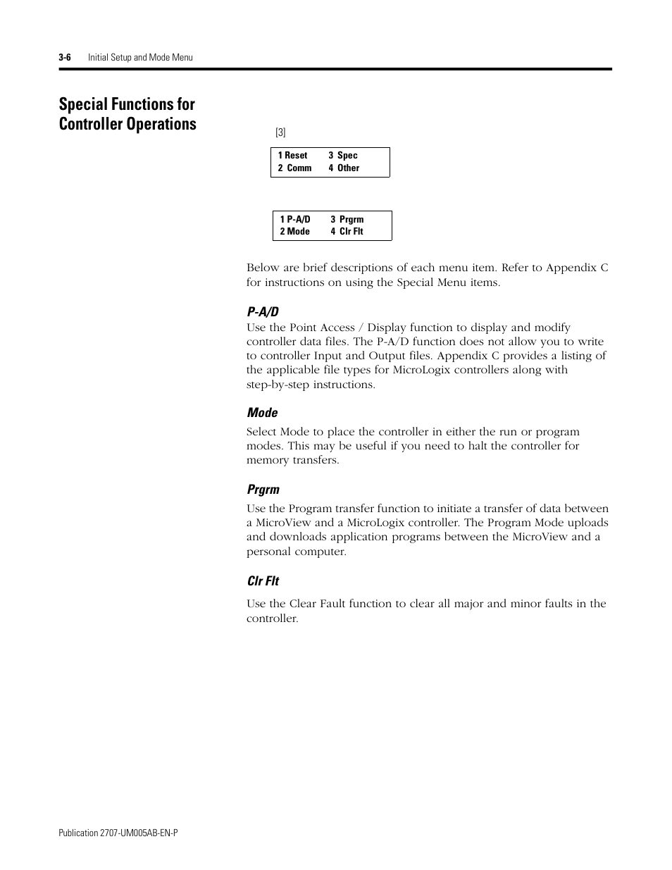 Special functions for controller operations, Special functions for controller operations -6 | Rockwell Automation 2707-MVH232_MVP232 MicroView Operator Interface Module User Manual | Page 22 / 92