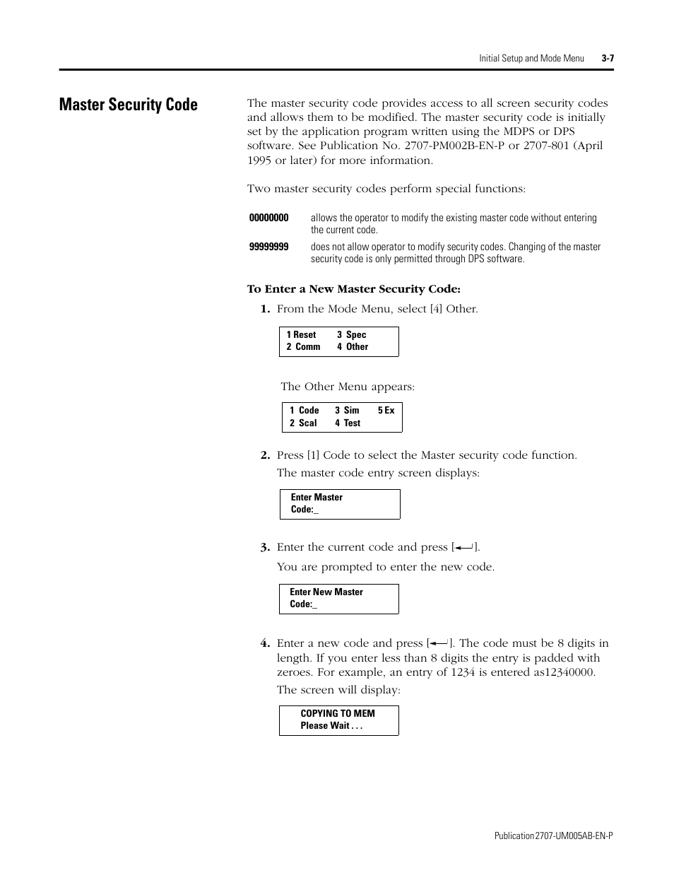 Master security code, Master security code -7 | Rockwell Automation 2707-MVH232_MVP232 MicroView Operator Interface Module User Manual | Page 23 / 92