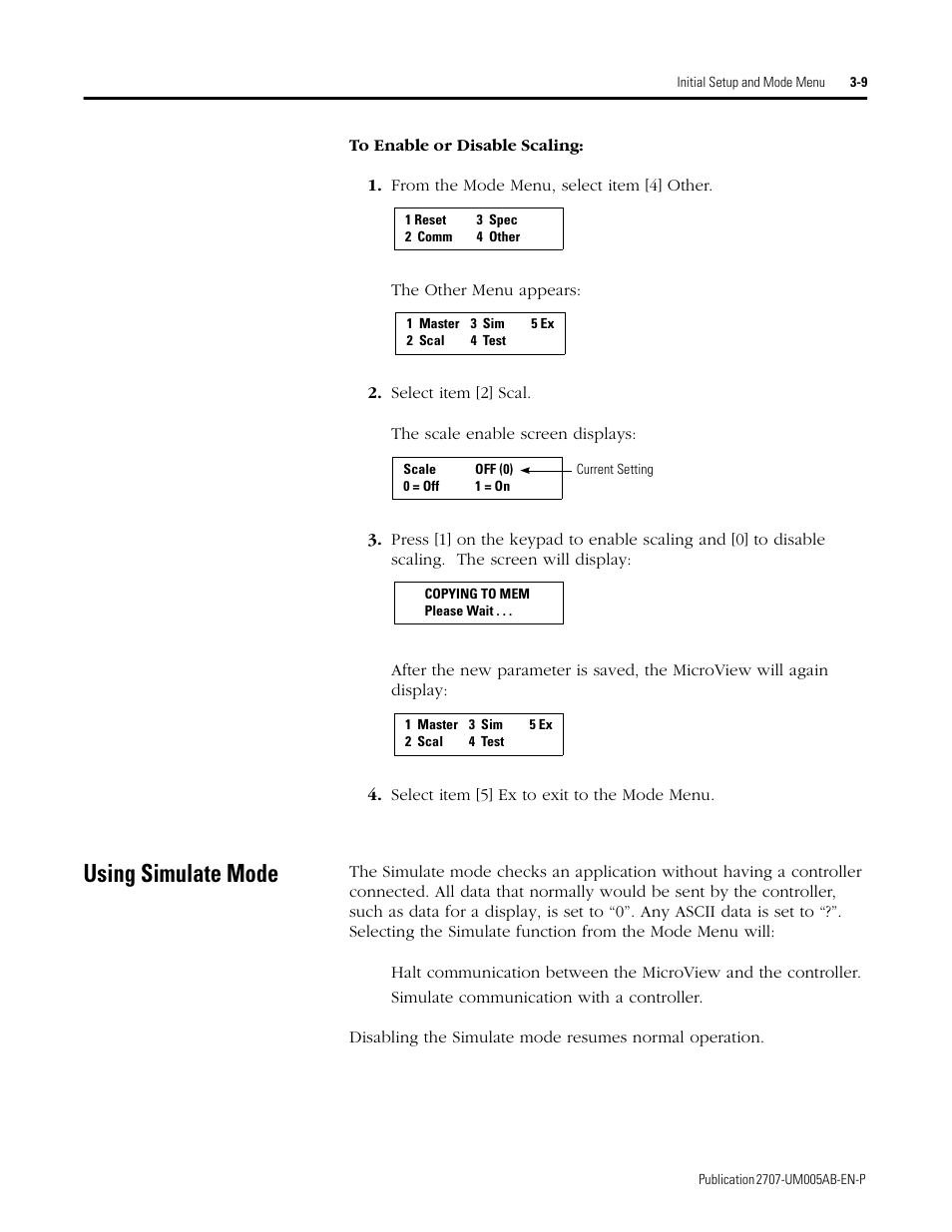 Using simulate mode, Using simulate mode -9 | Rockwell Automation 2707-MVH232_MVP232 MicroView Operator Interface Module User Manual | Page 25 / 92