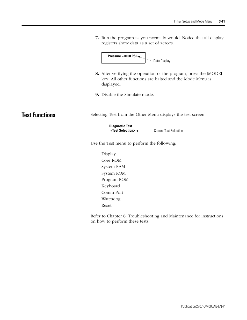 Test functions, Test functions -11, Connecting rs-232 devices -2 | Rockwell Automation 2707-MVH232_MVP232 MicroView Operator Interface Module User Manual | Page 27 / 92