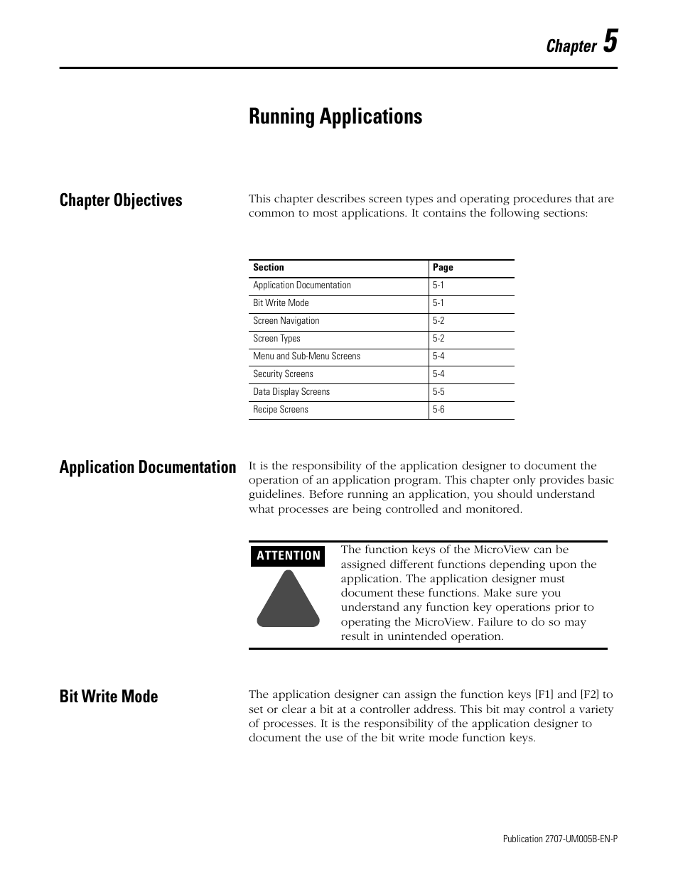 5 - running applications, Chapter objectives, Application documentation | Bit write mode, Chapter 5, Running applications, Chapter | Rockwell Automation 2707-MVH232_MVP232 MicroView Operator Interface Module User Manual | Page 39 / 92