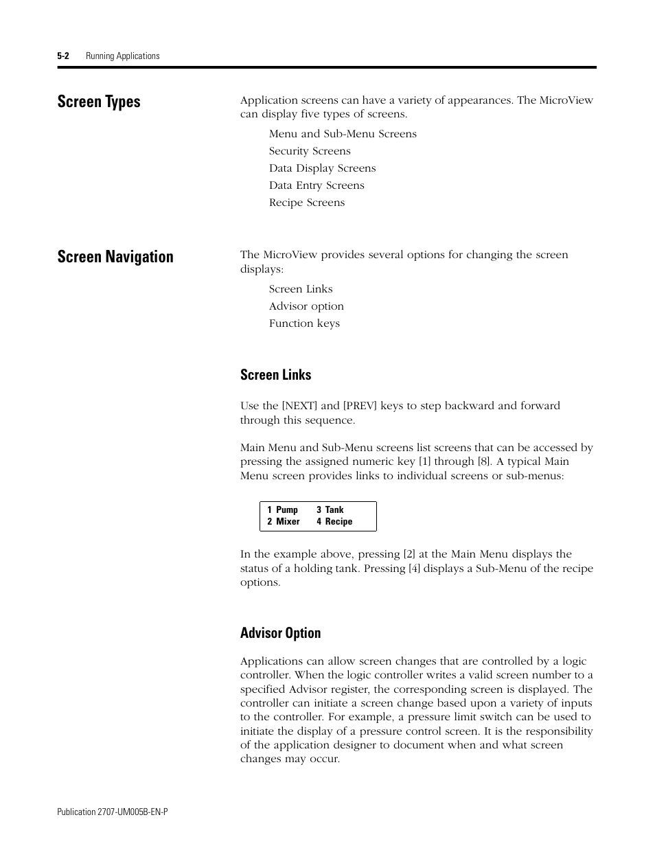 Screen types, Screen navigation, Screen types -2 screen navigation -2 | Screen links -2 advisor option -2, Screen links, Advisor option | Rockwell Automation 2707-MVH232_MVP232 MicroView Operator Interface Module User Manual | Page 40 / 92