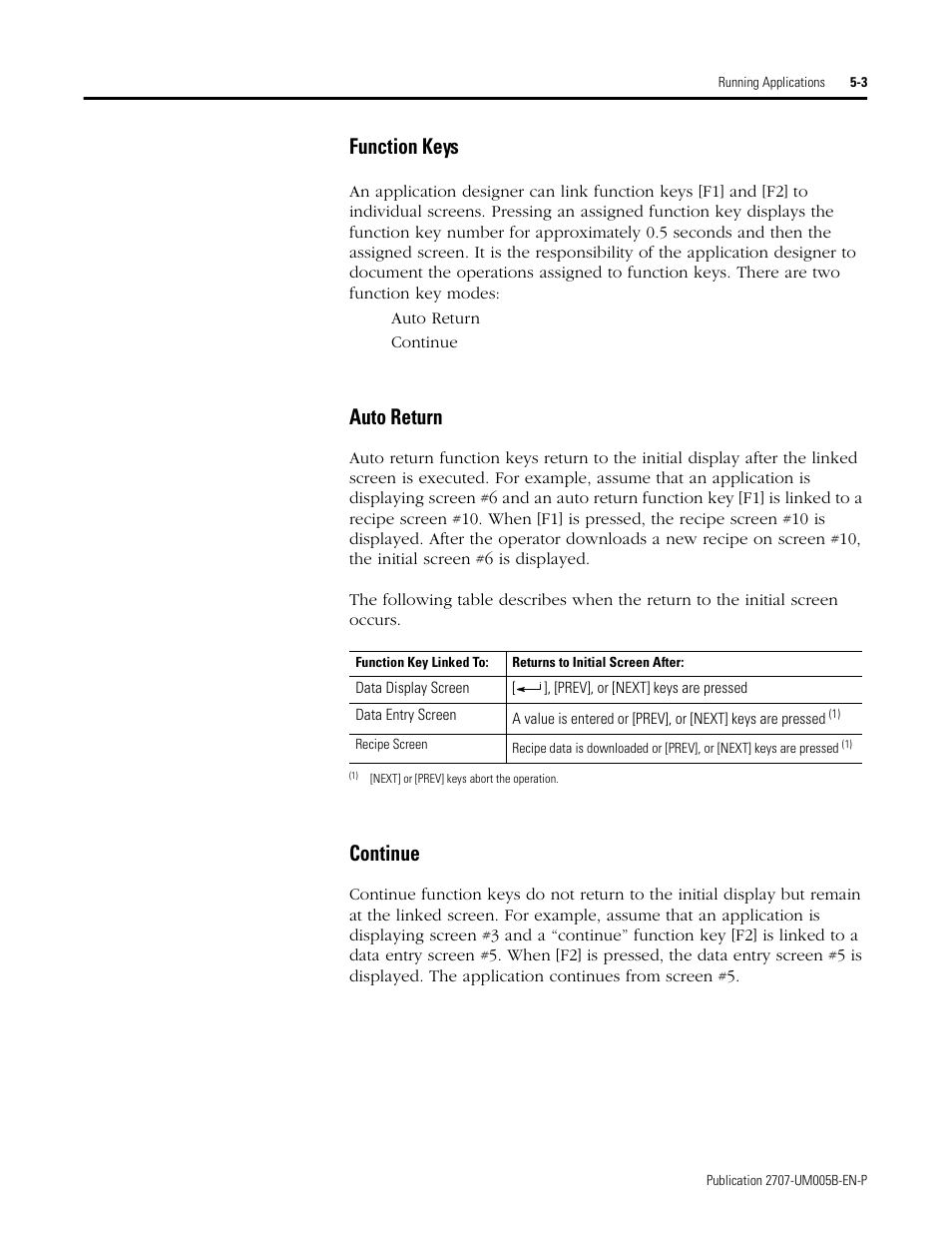 Function keys -3 auto return -3 continue -3, Function keys, Auto return | Continue | Rockwell Automation 2707-MVH232_MVP232 MicroView Operator Interface Module User Manual | Page 41 / 92