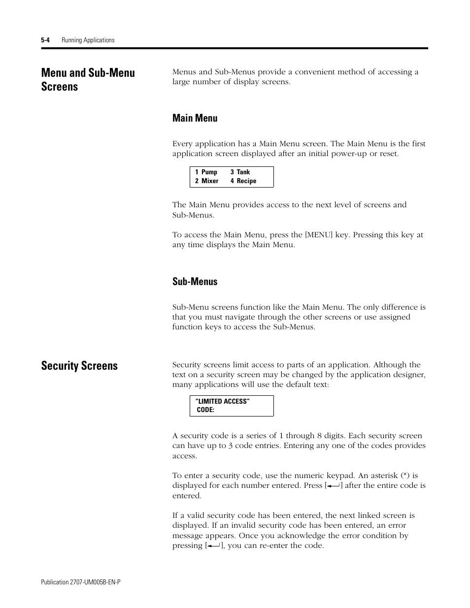 Menu and sub-menu screens, Security screens, Menu and sub-menu screens -4 security screens -4 | Main menu, Sub-menus | Rockwell Automation 2707-MVH232_MVP232 MicroView Operator Interface Module User Manual | Page 42 / 92