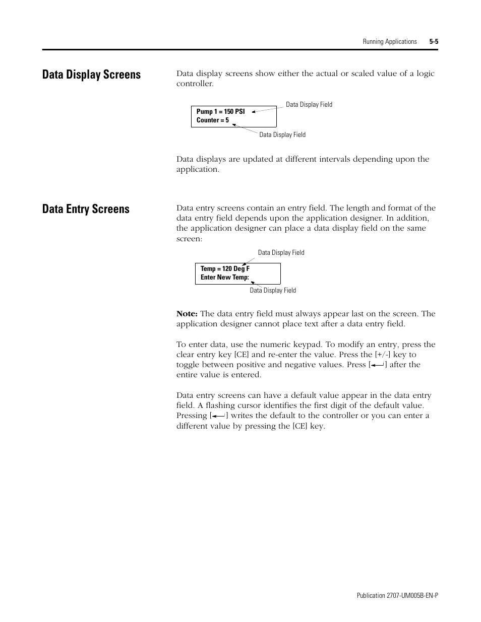 Data display screens, Data entry screens, Data display screens -5 data entry screens -5 | Rockwell Automation 2707-MVH232_MVP232 MicroView Operator Interface Module User Manual | Page 43 / 92