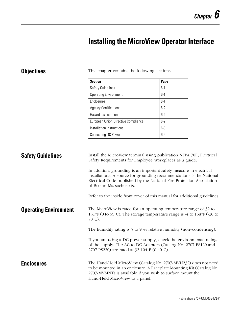 6 - installing the microview operator interface, Objectives, Safety guidelines | Operating environment, Enclosures, Chapter 6, Installing the microview operator interface, Chapter | Rockwell Automation 2707-MVH232_MVP232 MicroView Operator Interface Module User Manual | Page 45 / 92