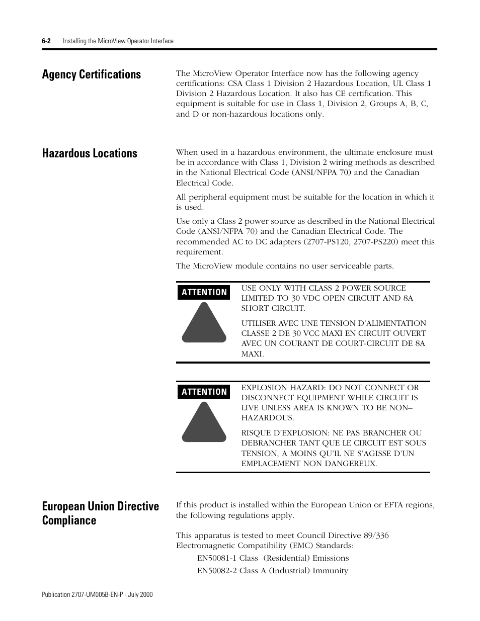 Agency certifications, Hazardous locations, European union directive compliance | Rockwell Automation 2707-MVH232_MVP232 MicroView Operator Interface Module User Manual | Page 46 / 92