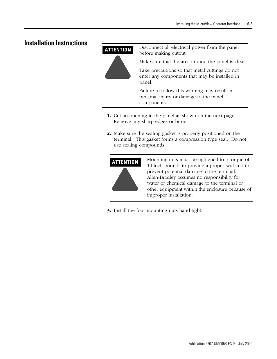 Installation instructions, Installation instructions -3 | Rockwell Automation 2707-MVH232_MVP232 MicroView Operator Interface Module User Manual | Page 47 / 92