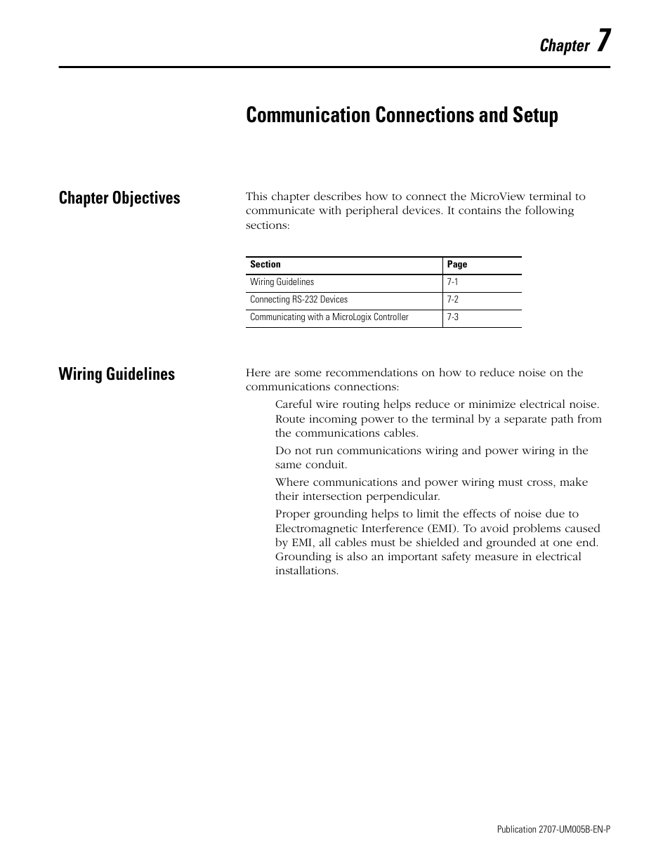 7 - communication connections and setup, Chapter objectives, Wiring guidelines | Chapter 7, Communication connections and setup, Chapter objectives -1 wiring guidelines -1, Chapter | Rockwell Automation 2707-MVH232_MVP232 MicroView Operator Interface Module User Manual | Page 51 / 92
