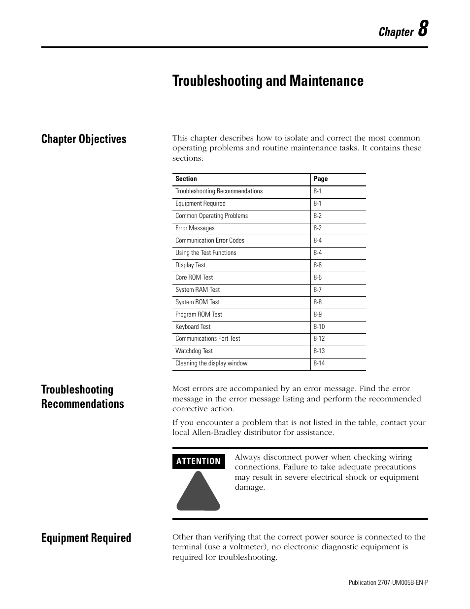 8 - troubleshooting and maintenance, Chapter objectives, Troubleshooting recommendations | Equipment required, Chapter 8, Troubleshooting and maintenance, Chapter | Rockwell Automation 2707-MVH232_MVP232 MicroView Operator Interface Module User Manual | Page 55 / 92