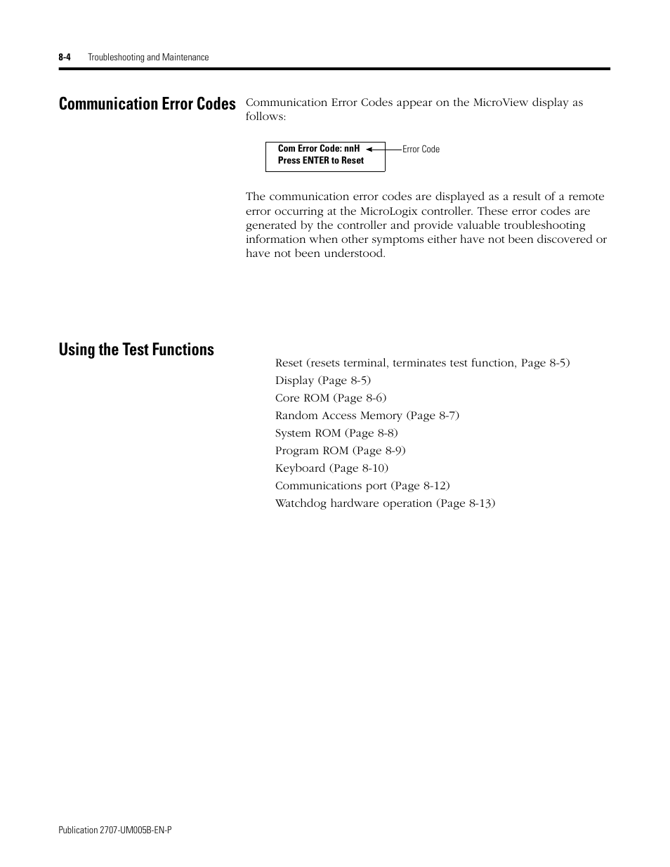 Communication error codes, Using the test functions | Rockwell Automation 2707-MVH232_MVP232 MicroView Operator Interface Module User Manual | Page 58 / 92