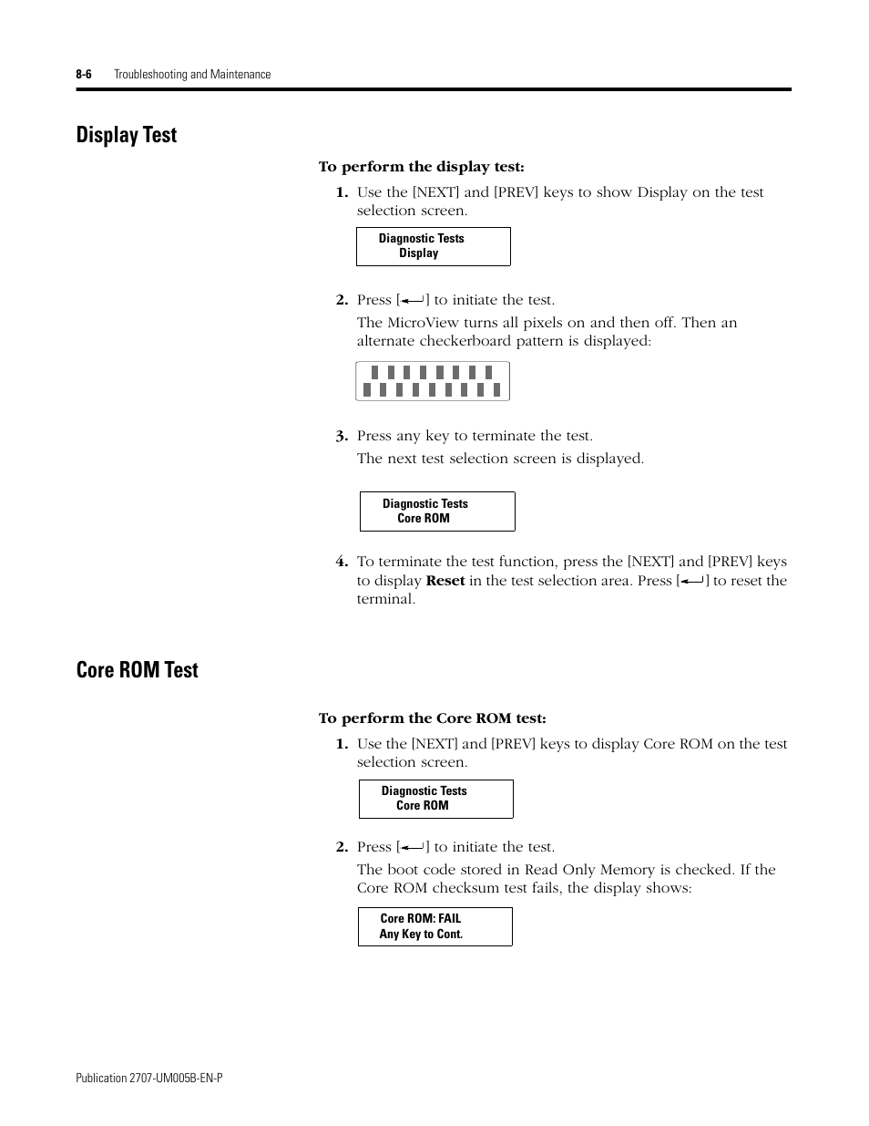 Display test, Core rom test, Display test -6 core rom test -6 | Rockwell Automation 2707-MVH232_MVP232 MicroView Operator Interface Module User Manual | Page 60 / 92
