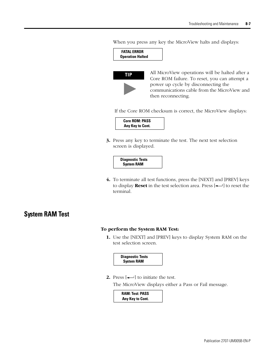 System ram test, System ram test -7 | Rockwell Automation 2707-MVH232_MVP232 MicroView Operator Interface Module User Manual | Page 61 / 92