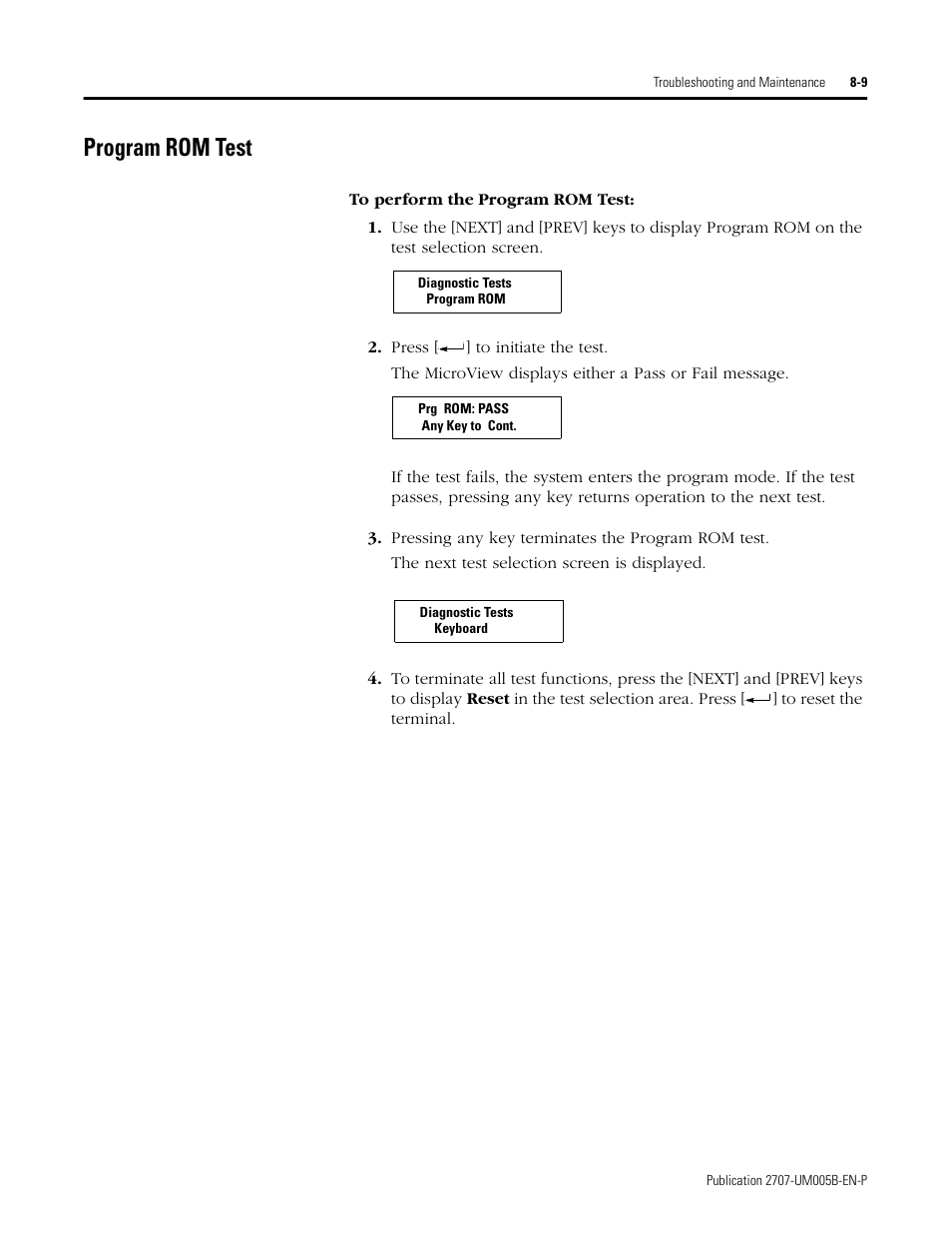 Program rom test, Program rom test -9 | Rockwell Automation 2707-MVH232_MVP232 MicroView Operator Interface Module User Manual | Page 63 / 92