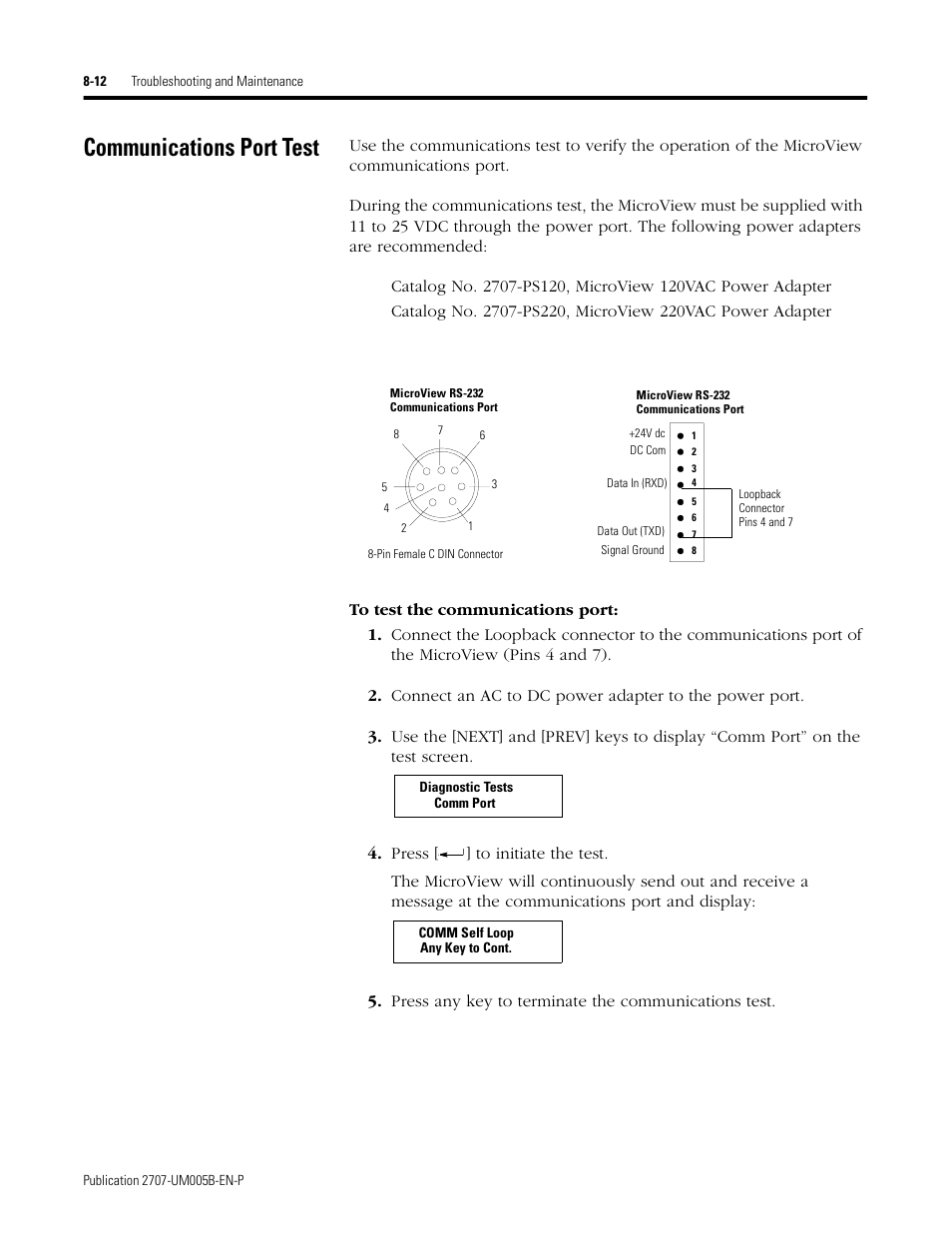 Communications port test, Communications port test -12 | Rockwell Automation 2707-MVH232_MVP232 MicroView Operator Interface Module User Manual | Page 66 / 92