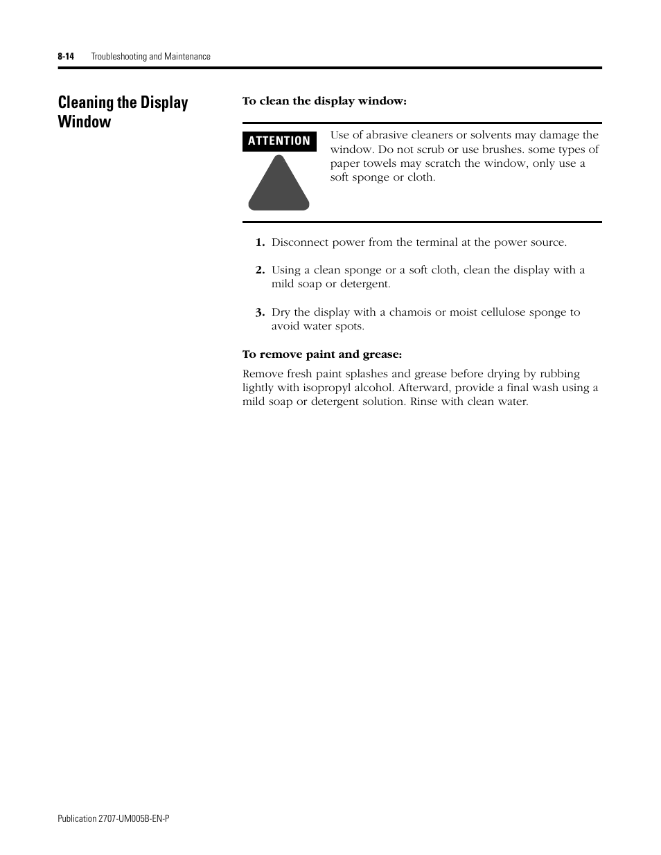 Cleaning the display window, Cleaning the display window -14 | Rockwell Automation 2707-MVH232_MVP232 MicroView Operator Interface Module User Manual | Page 68 / 92