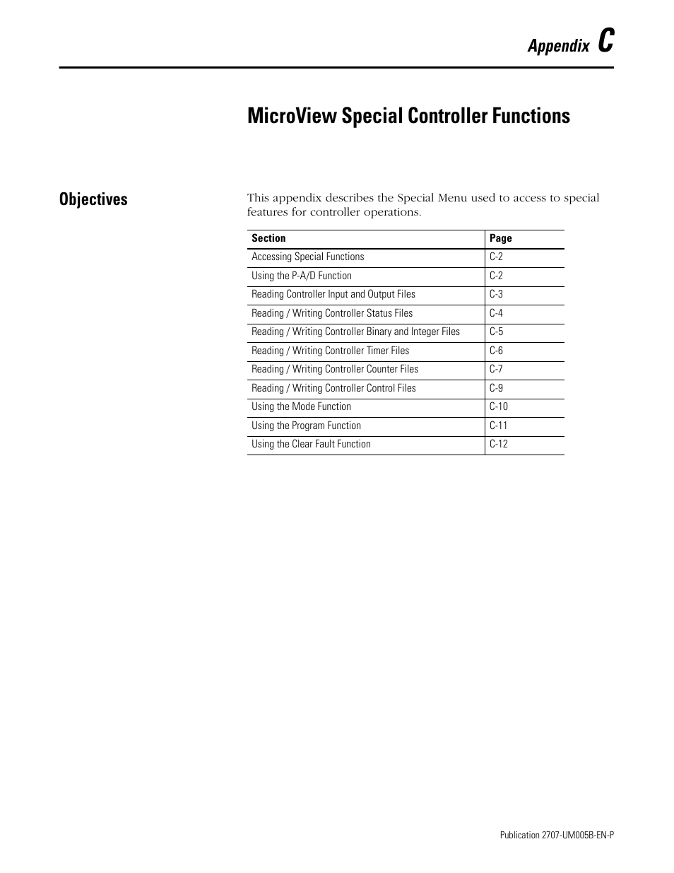 C - microview special controller functions, Objectives, Appendix c | Microview special controller functions, Appendix | Rockwell Automation 2707-MVH232_MVP232 MicroView Operator Interface Module User Manual | Page 75 / 92