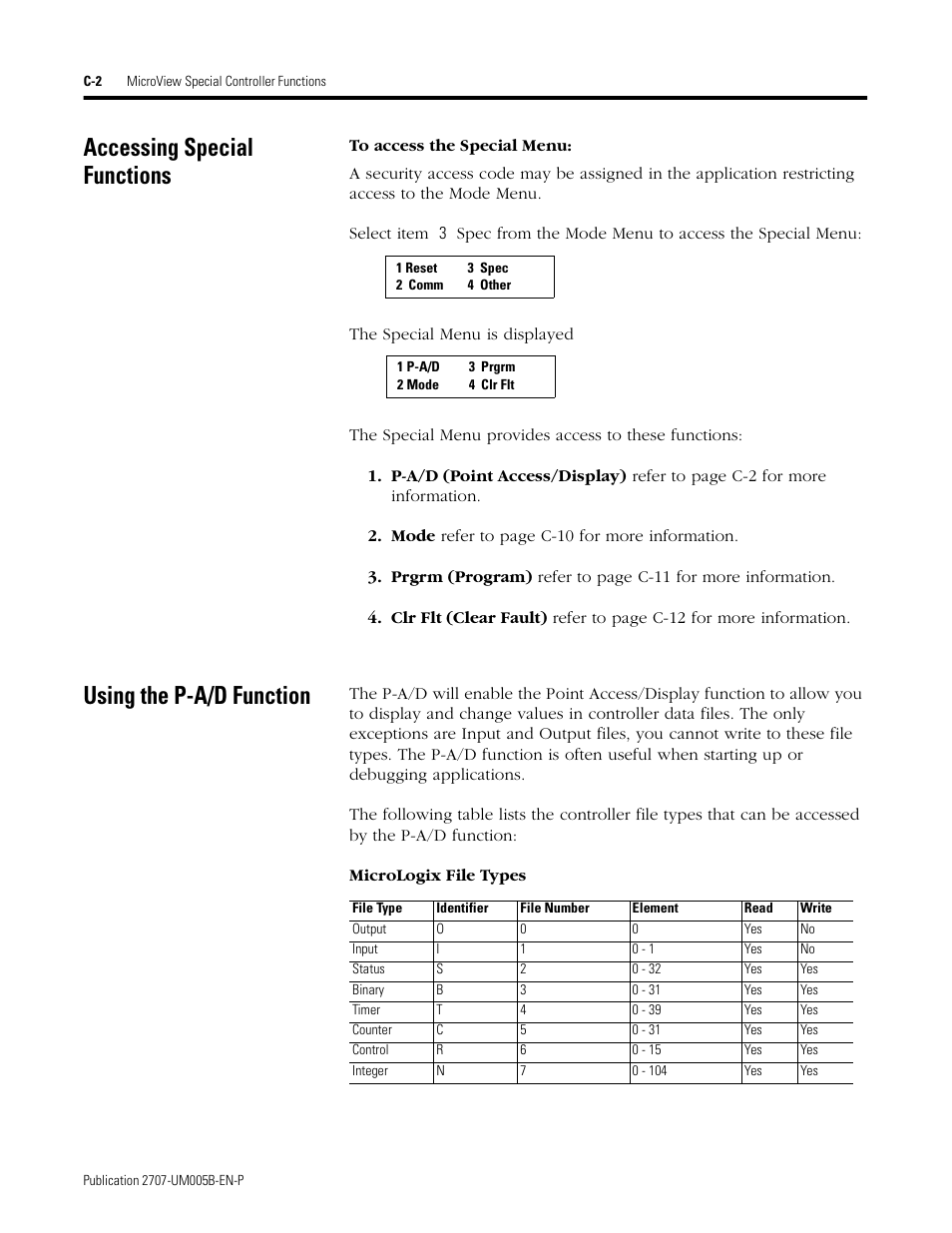 Accessing special functions, Using the p-a/d function | Rockwell Automation 2707-MVH232_MVP232 MicroView Operator Interface Module User Manual | Page 76 / 92