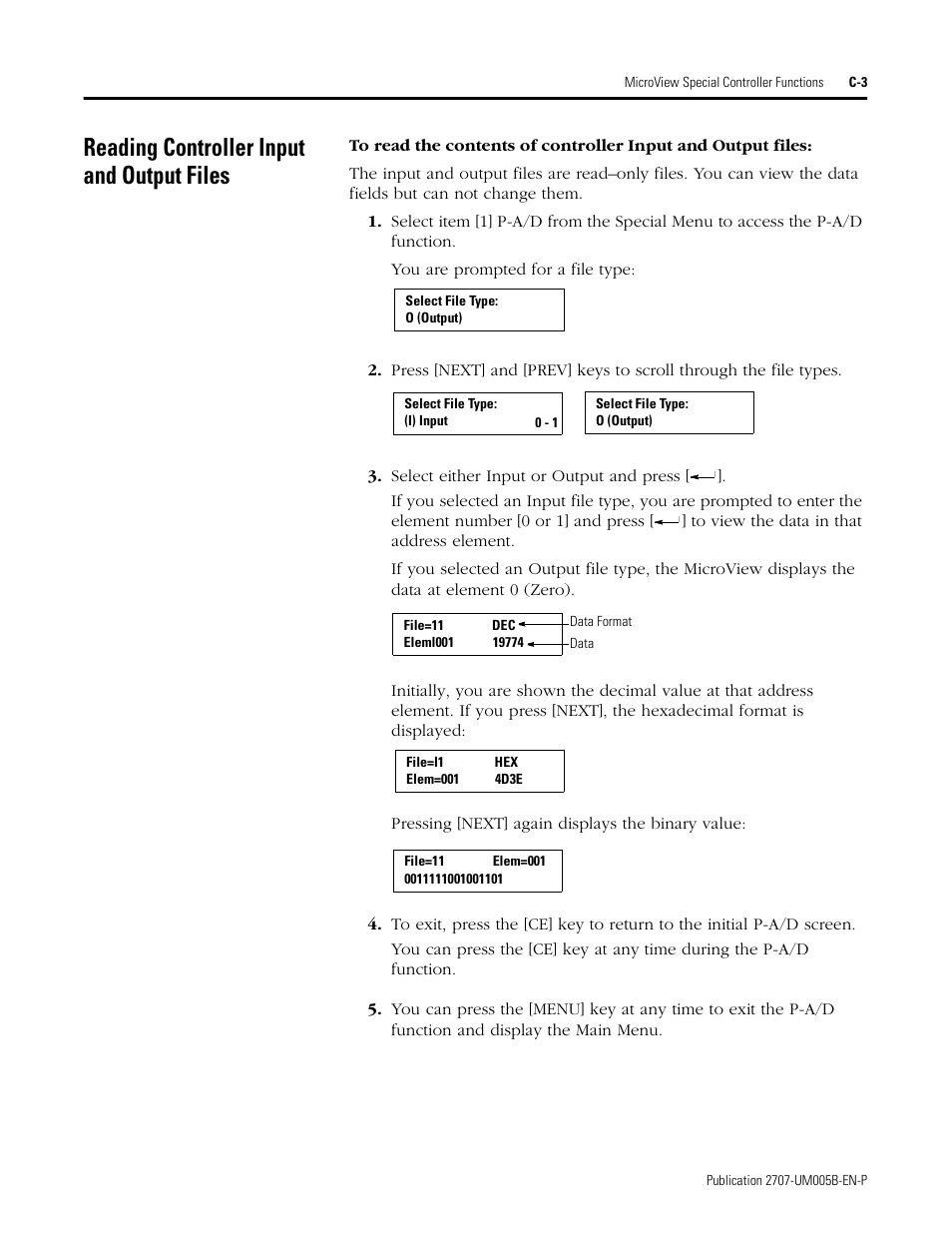 Reading controller input and output files | Rockwell Automation 2707-MVH232_MVP232 MicroView Operator Interface Module User Manual | Page 77 / 92