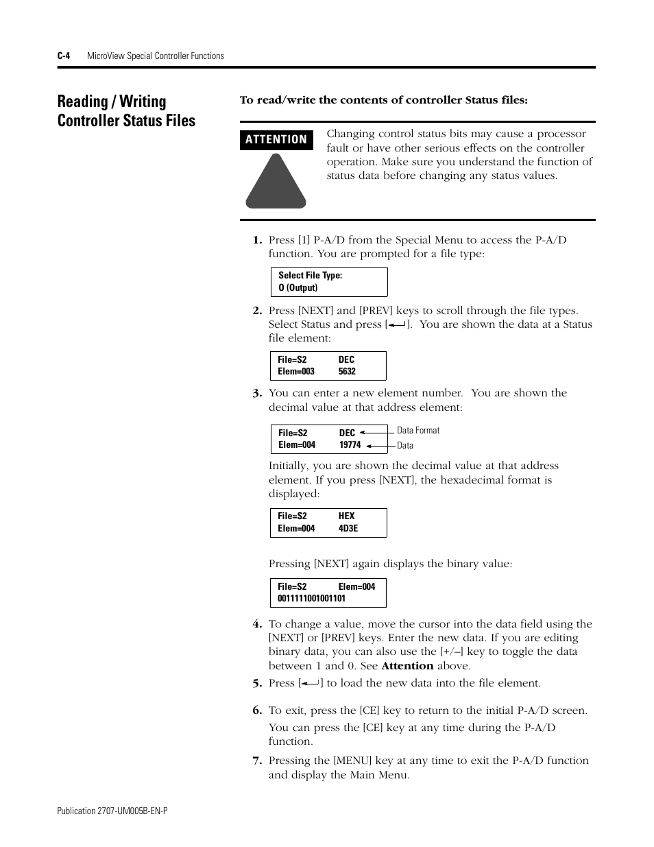 Reading / writing controller status files | Rockwell Automation 2707-MVH232_MVP232 MicroView Operator Interface Module User Manual | Page 78 / 92