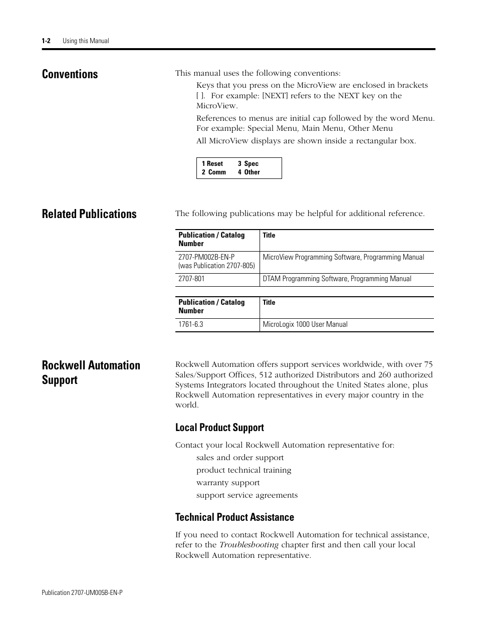Conventions, Related publications, Rockwell automation support | Local product support, Technical product assistance | Rockwell Automation 2707-MVH232_MVP232 MicroView Operator Interface Module User Manual | Page 8 / 92