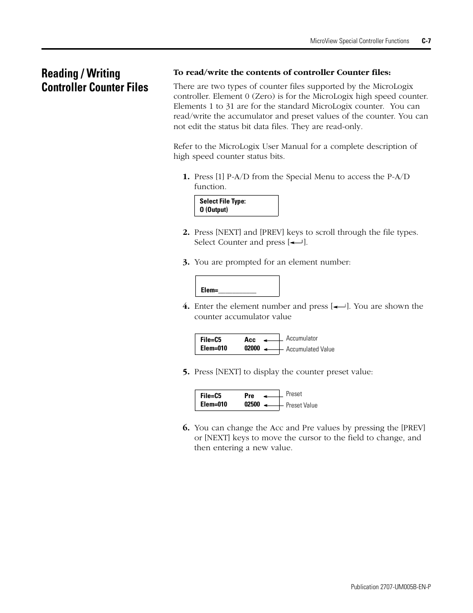 Reading / writing controller counter files | Rockwell Automation 2707-MVH232_MVP232 MicroView Operator Interface Module User Manual | Page 81 / 92