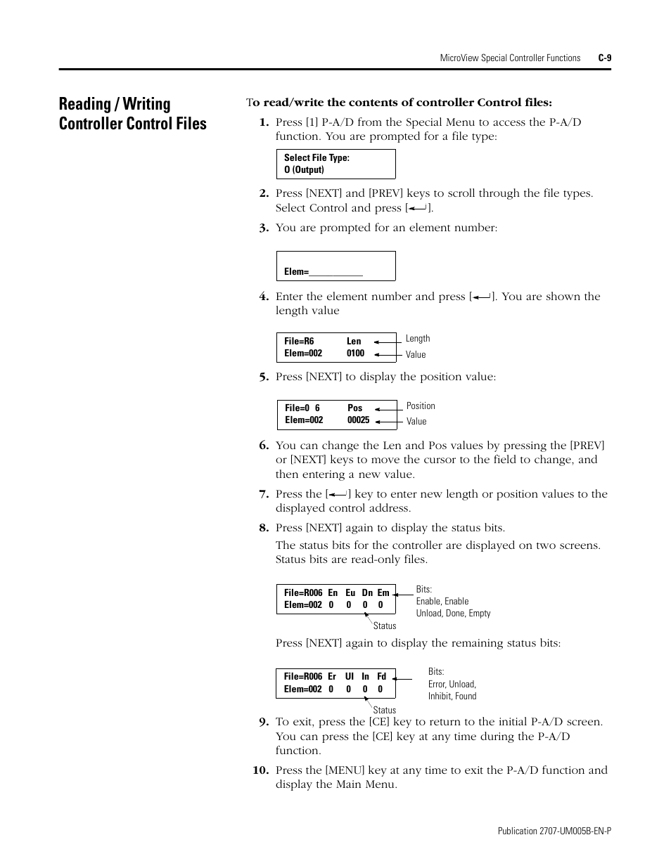 Reading / writing controller control files | Rockwell Automation 2707-MVH232_MVP232 MicroView Operator Interface Module User Manual | Page 83 / 92