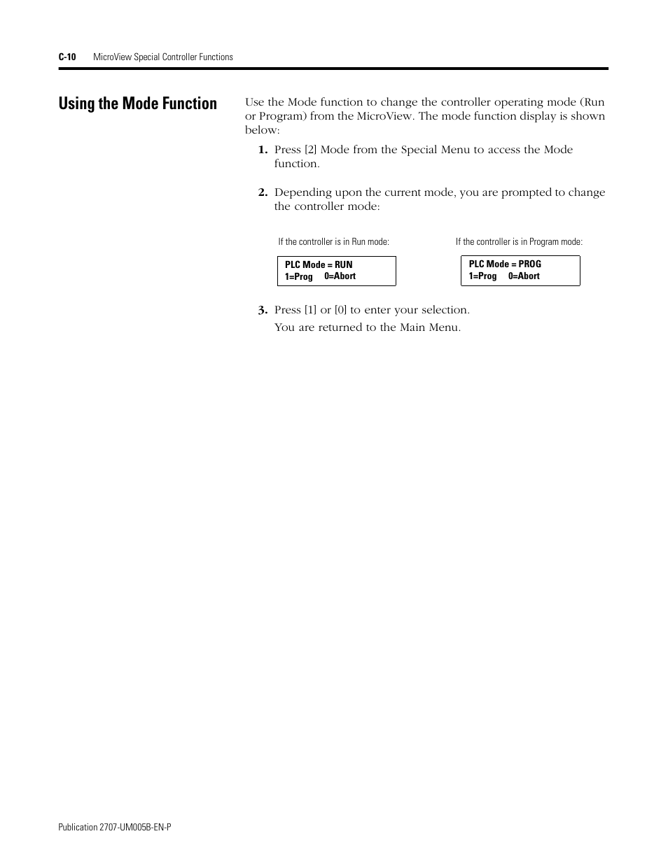 Using the mode function, C-10 | Rockwell Automation 2707-MVH232_MVP232 MicroView Operator Interface Module User Manual | Page 84 / 92