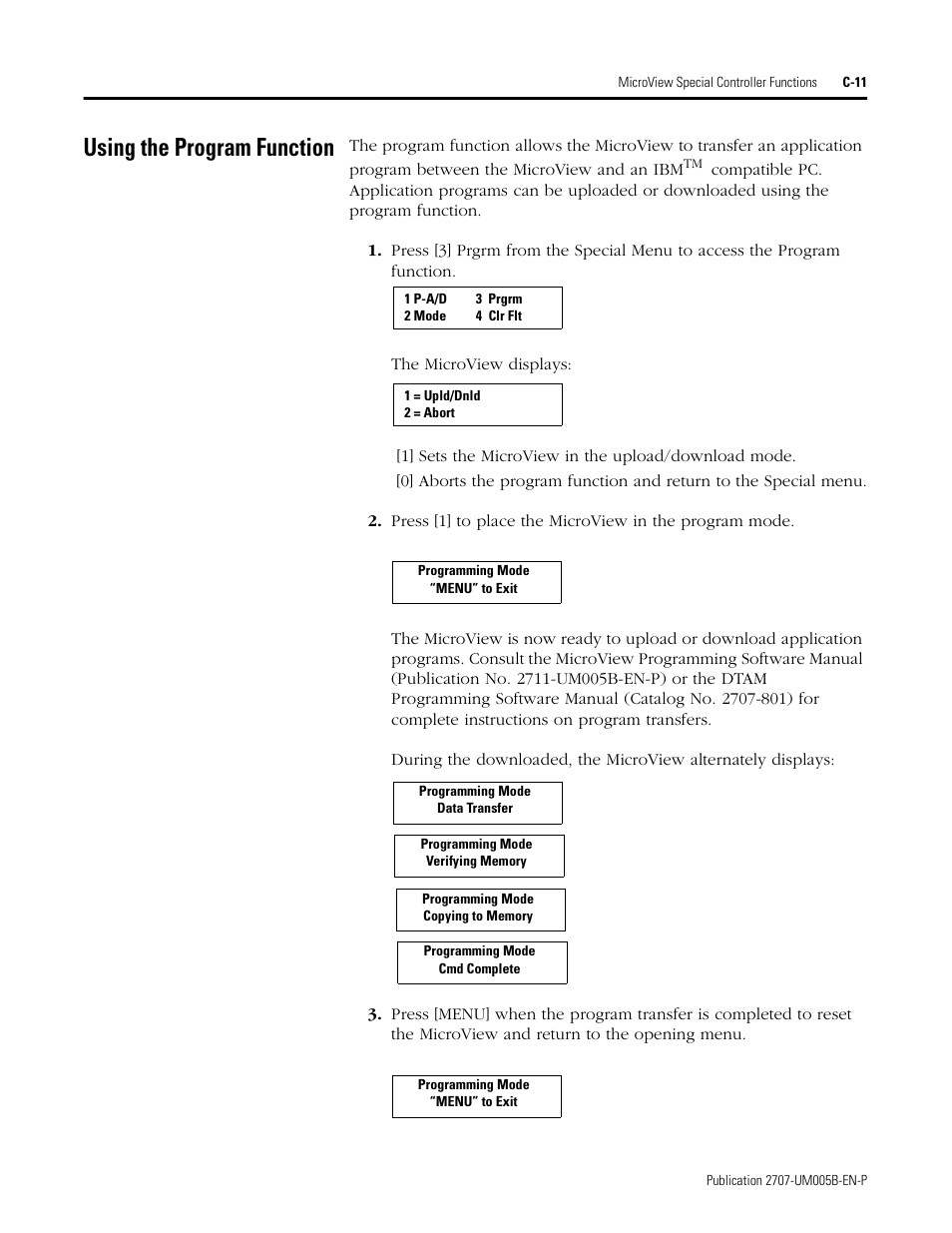 Using the program function, C-11 | Rockwell Automation 2707-MVH232_MVP232 MicroView Operator Interface Module User Manual | Page 85 / 92