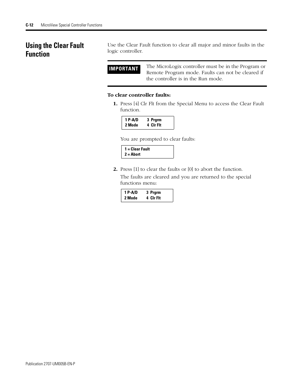 Using the clear fault function, C-12 | Rockwell Automation 2707-MVH232_MVP232 MicroView Operator Interface Module User Manual | Page 86 / 92