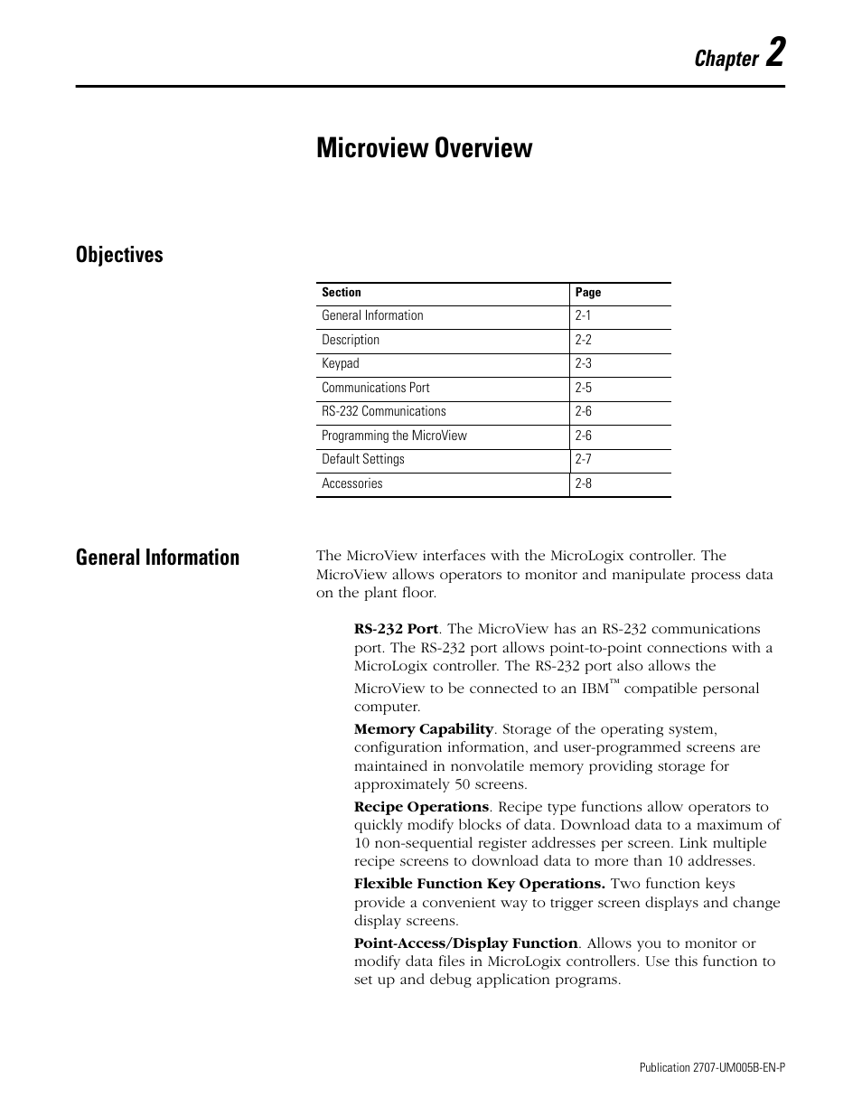 2 - microview overview, Objectives, General information | Chapter 2, Microview overview, Objectives -1 general information -1, Chapter | Rockwell Automation 2707-MVH232_MVP232 MicroView Operator Interface Module User Manual | Page 9 / 92