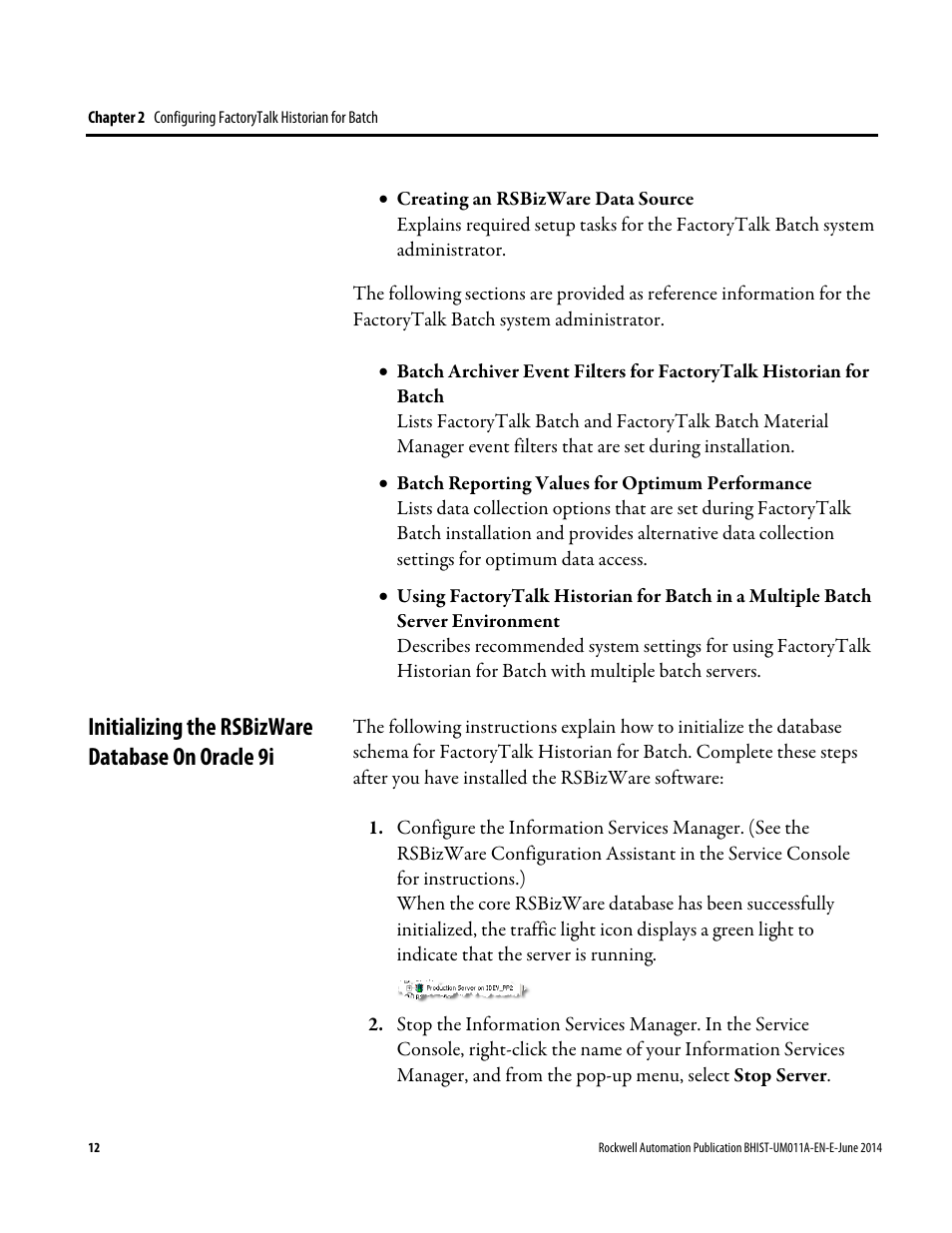 Initializing the rsbizware database on oracle 9i | Rockwell Automation FactoryTalk Historian Classic for Batch User Guide User Manual | Page 12 / 74