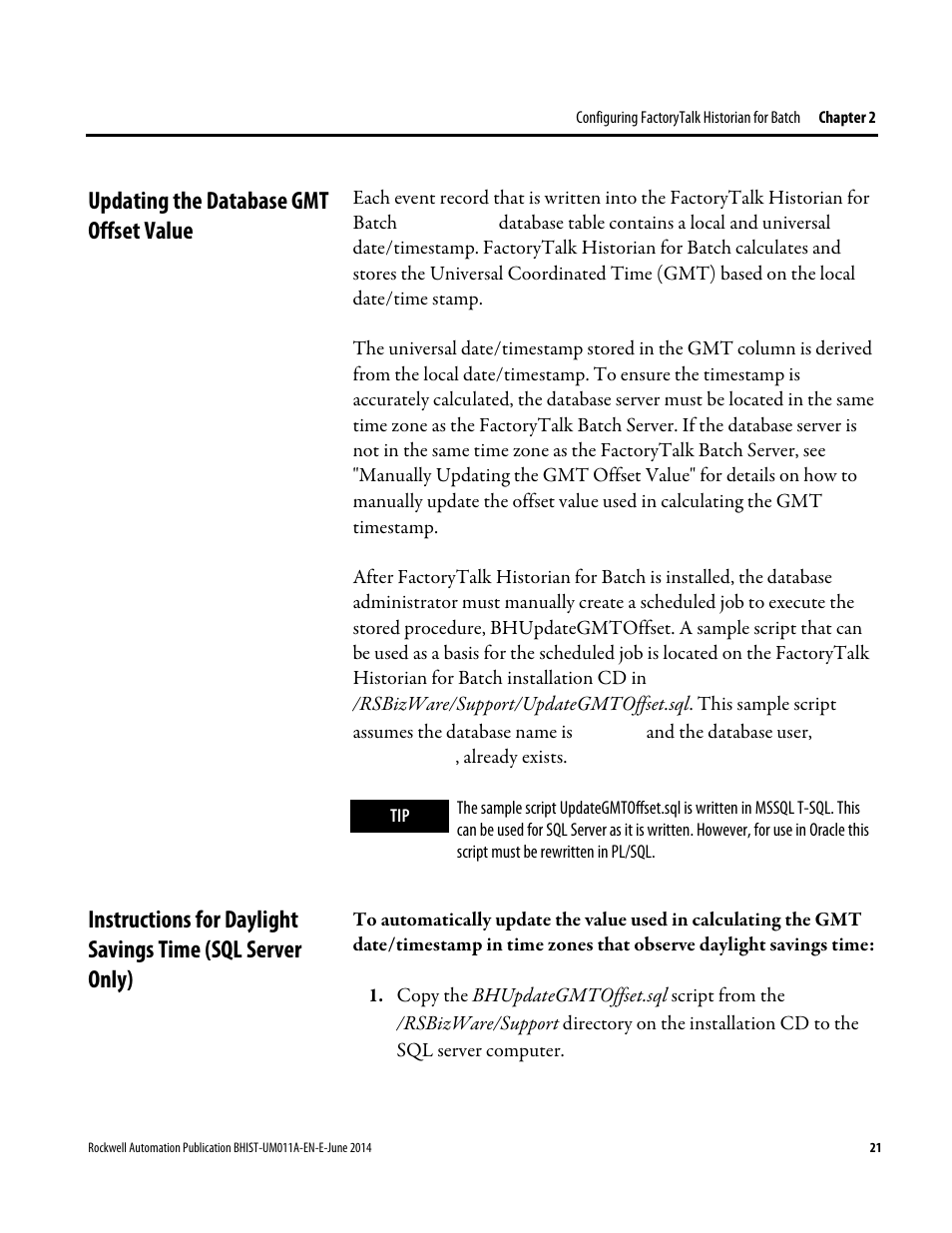 Updating the database gmt offset value | Rockwell Automation FactoryTalk Historian Classic for Batch User Guide User Manual | Page 21 / 74