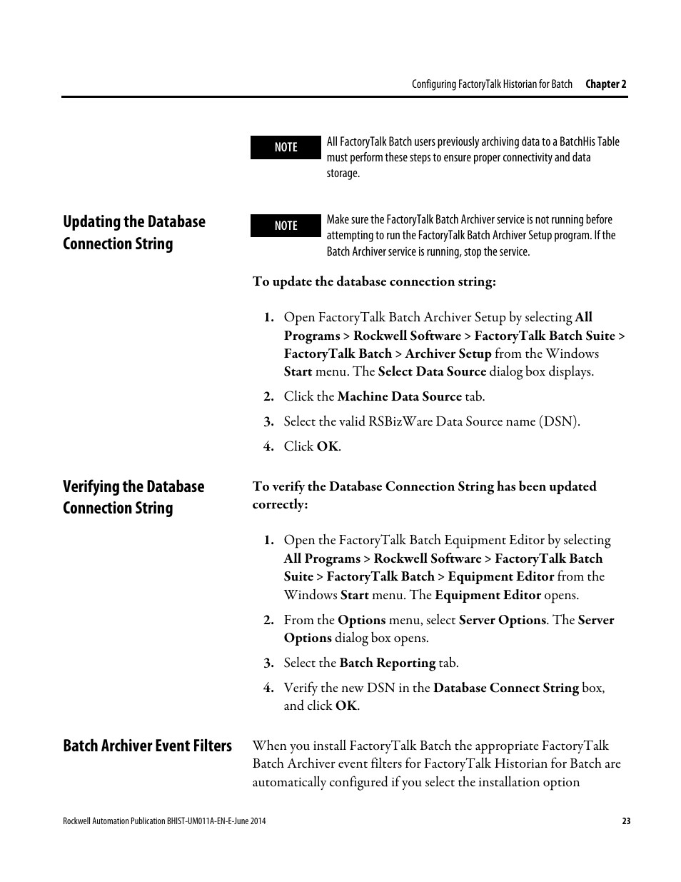 Updating the database connection string, Verifying the database connection string, Batch archiver event filters | Rockwell Automation FactoryTalk Historian Classic for Batch User Guide User Manual | Page 23 / 74
