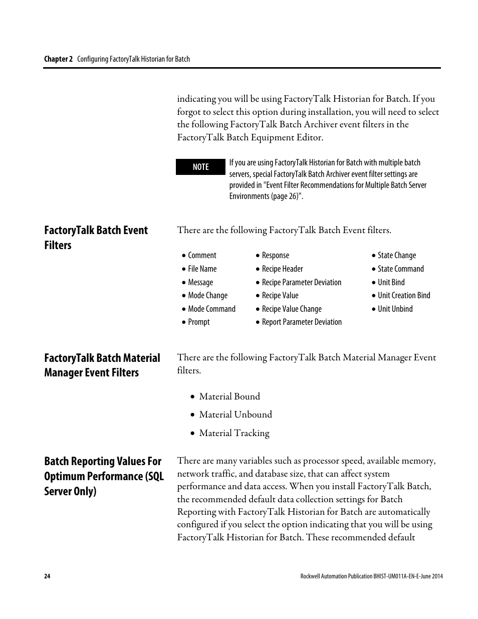 Factorytalk batch event filters, Factorytalk batch material manager event filters | Rockwell Automation FactoryTalk Historian Classic for Batch User Guide User Manual | Page 24 / 74