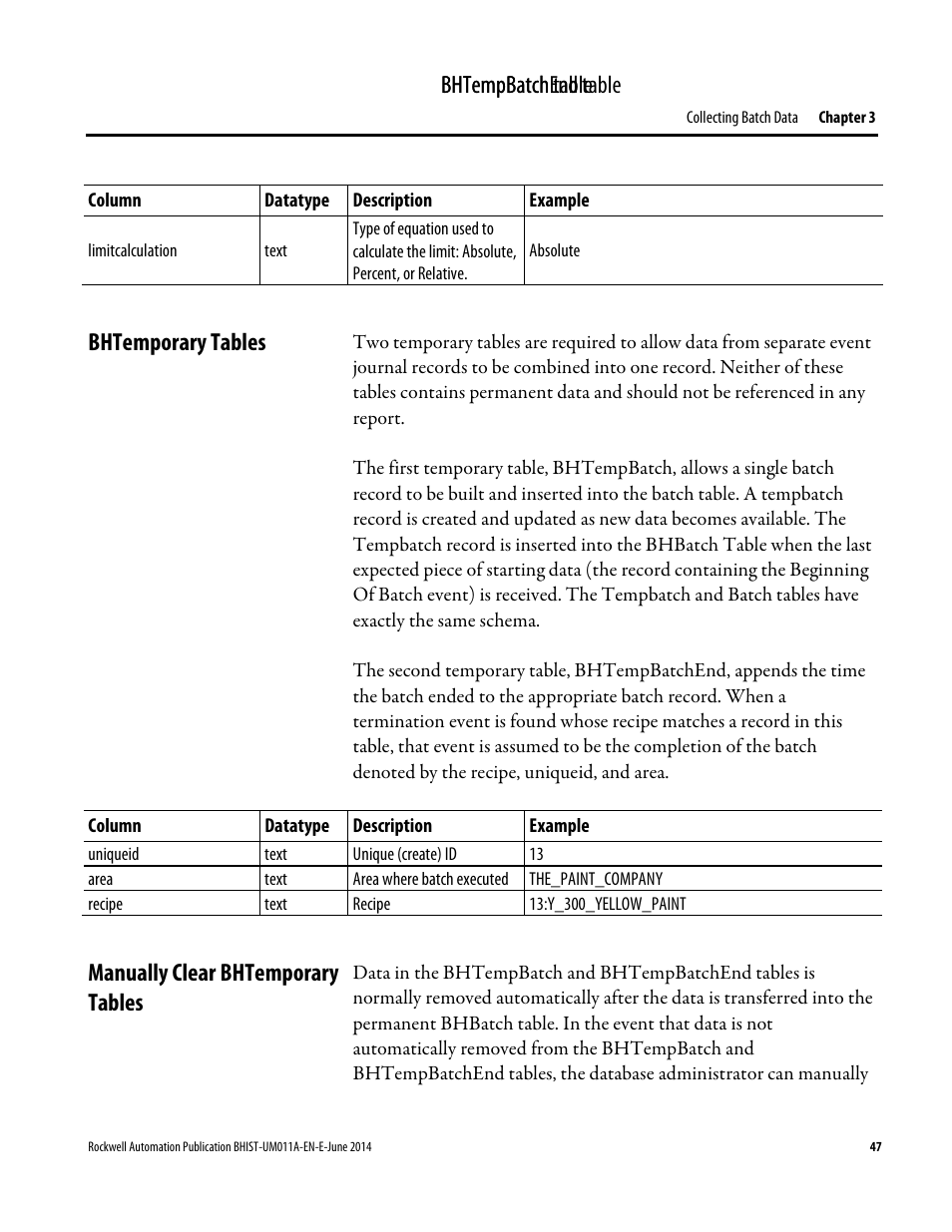 Bhtemporary tables, Manually clear bhtemporary tables | Rockwell Automation FactoryTalk Historian Classic for Batch User Guide User Manual | Page 47 / 74