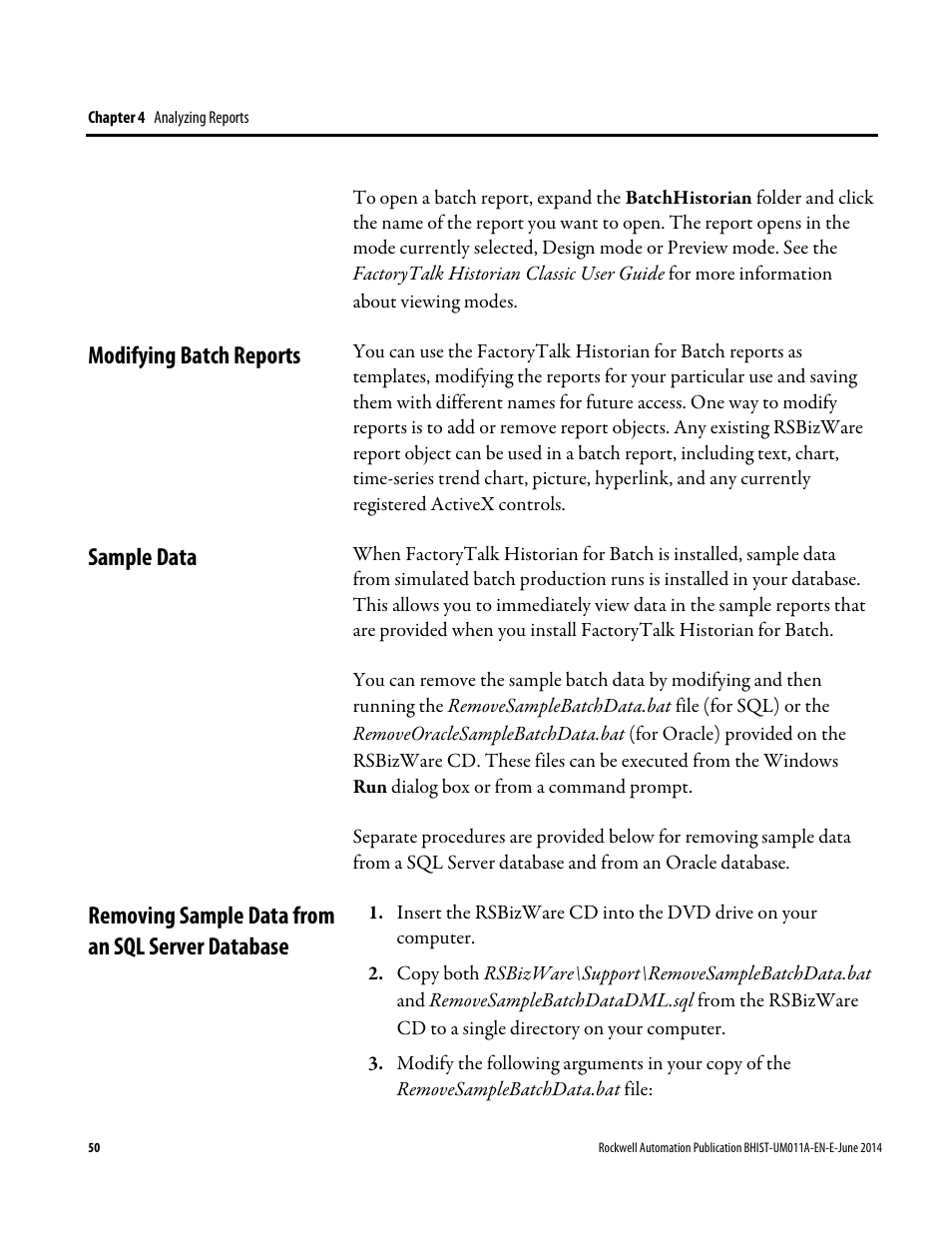 Modifying batch reports, Sample data, Removing sample data from an sql server database | Rockwell Automation FactoryTalk Historian Classic for Batch User Guide User Manual | Page 50 / 74