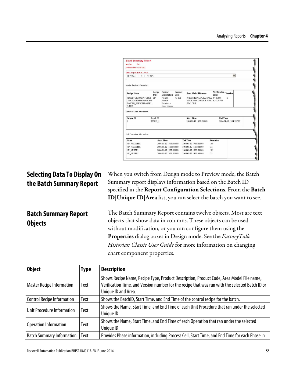 Batch summary report objects | Rockwell Automation FactoryTalk Historian Classic for Batch User Guide User Manual | Page 55 / 74