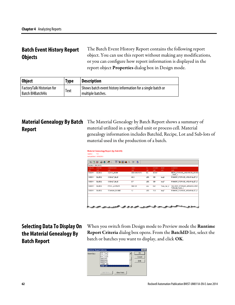 Batch event history report objects, Material genealogy by batch report | Rockwell Automation FactoryTalk Historian Classic for Batch User Guide User Manual | Page 62 / 74