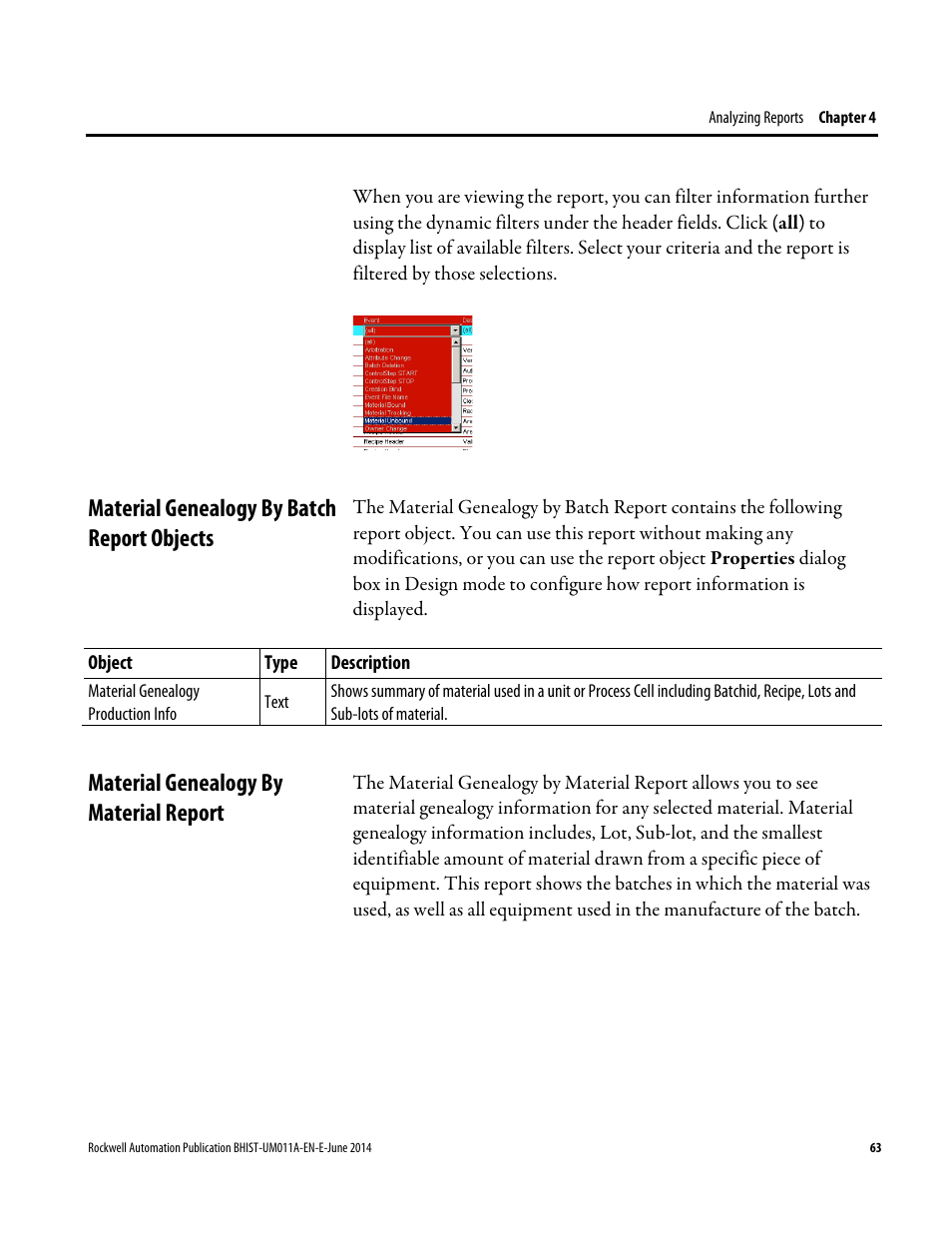 Material genealogy by batch report objects, Material genealogy by material report | Rockwell Automation FactoryTalk Historian Classic for Batch User Guide User Manual | Page 63 / 74